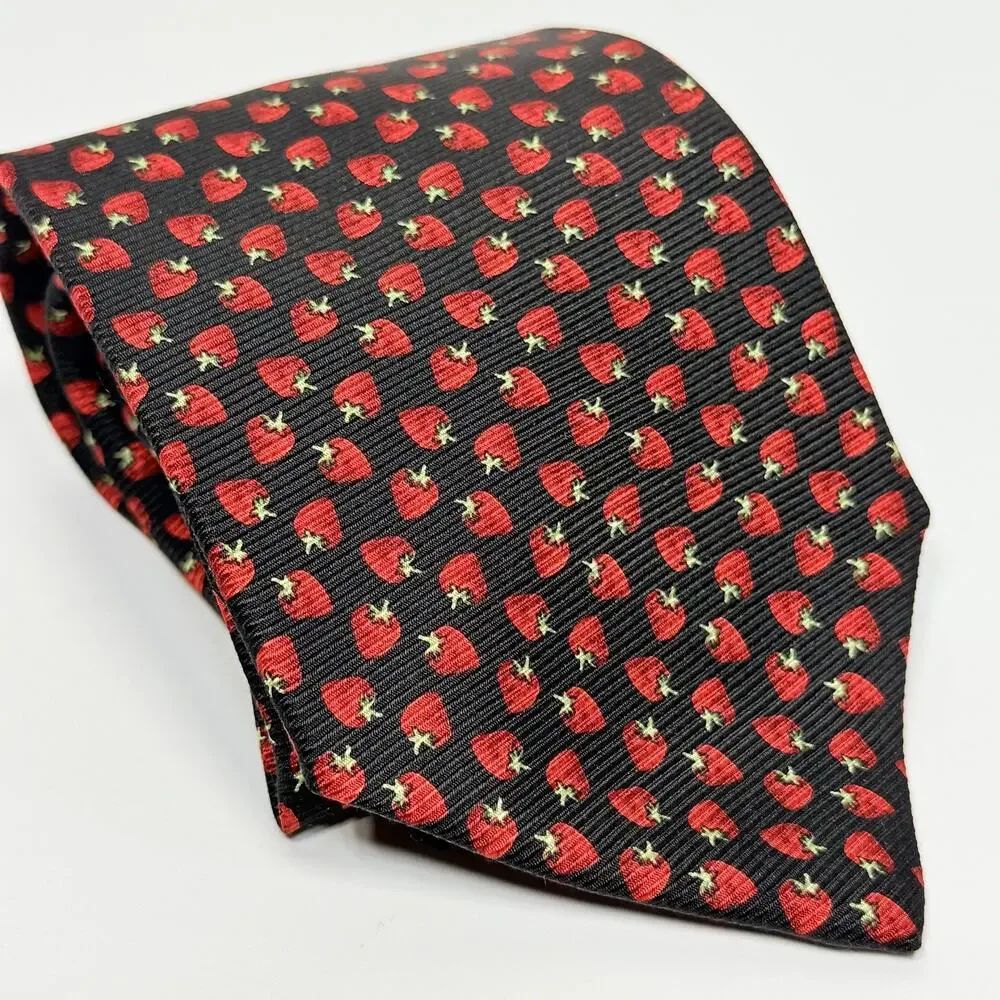 Brooks Brothers Strawberry Neck Tie Silk Black Red Novelty USA Summer 3.5